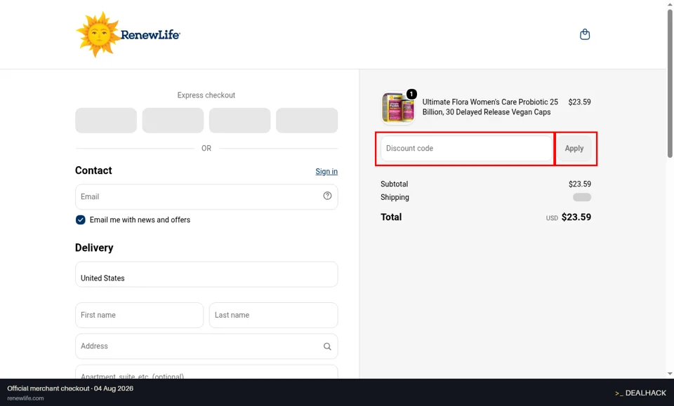 ReNew Life checkout page showing the Discount code field and Apply button