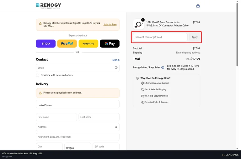 Renogy checkout page showing the Discount code or gift card field and Apply button
