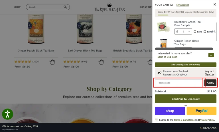 The Republic of Tea checkout page showing the Promo code field and Apply button