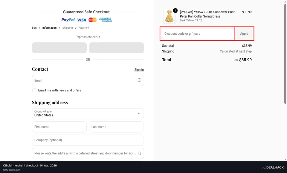 Retro Stage checkout page showing the Discount code or gift card field and Apply button
