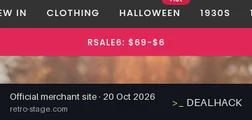 Screenshot of Retro Stage's website on Oct 20, 2026 showing the "Save $6 on Retro Stage Orders of $69+" offer