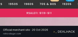 Screenshot of Retro Stage's website on Oct 20, 2026 showing the "Get $11 Off Orders of $119+" offer