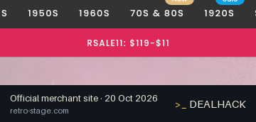 Screenshot of Retro Stage's website on Oct 20, 2026 showing the "Get $11 Off Orders of $119+" offer