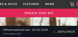 Screenshot of Retro Stage's website on Oct 20, 2026 showing the "Save $20 on Orders of $199+" offer