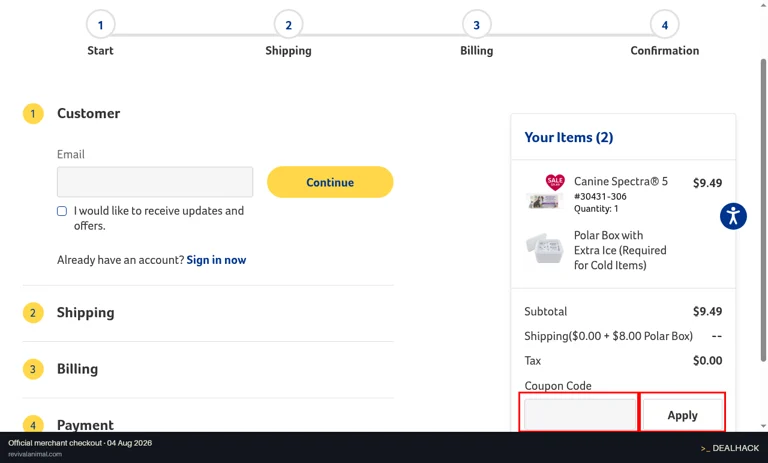 Revival Animal Health checkout page showing the Gift Certificate or Coupon Code field and Apply button