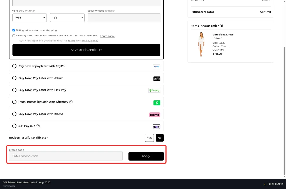 REVOLVE checkout page showing the Enter promo code field and apply button