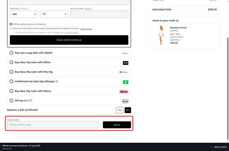 REVOLVE checkout page showing the Enter promo code field and apply button