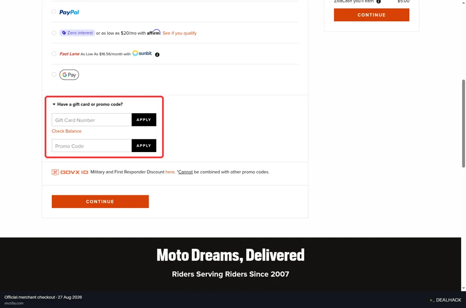 RevZilla checkout page showing the Promo Code field and Apply button