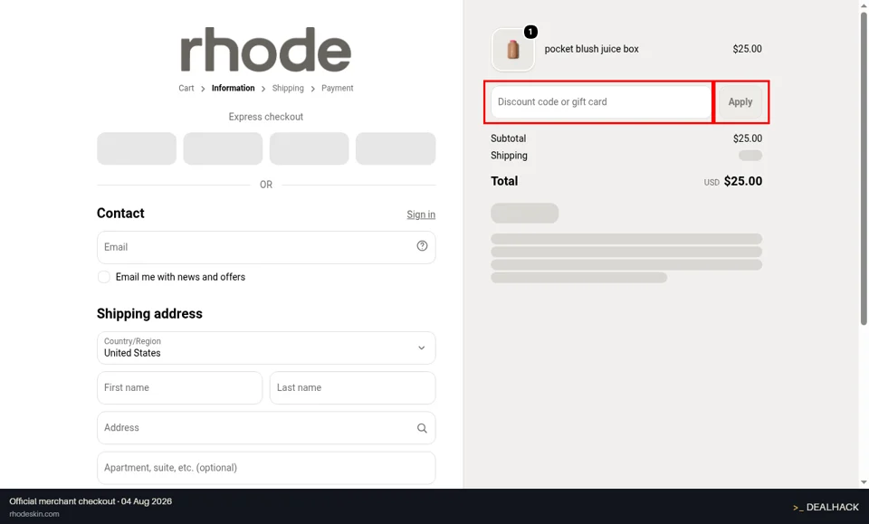 rhode checkout page showing the Discount code or gift card field and Apply button