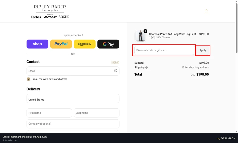 Ripley Rader checkout page showing the Discount code or gift card field and Apply button