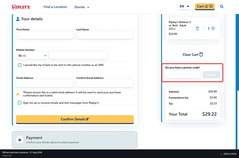 Ripley's checkout page showing the Do you have a promo code? field and Apply button