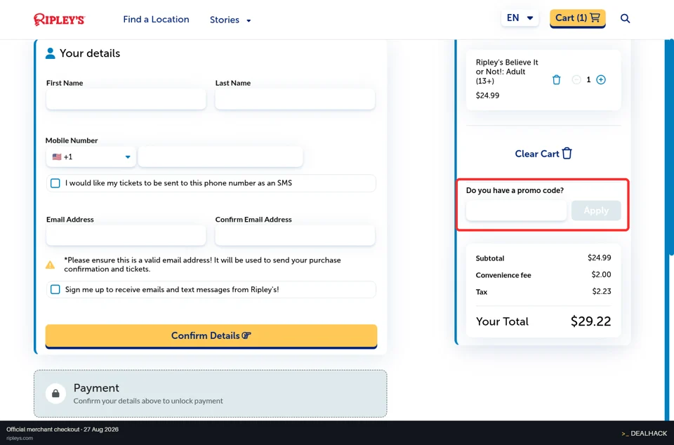 Ripley's checkout page showing the Do you have a promo code? field and Apply button