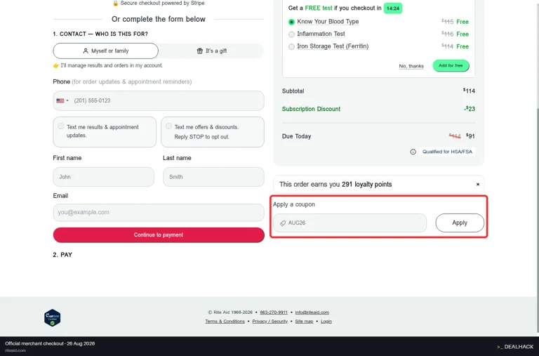 Rite Aid checkout page showing the AUG26 field and Apply button