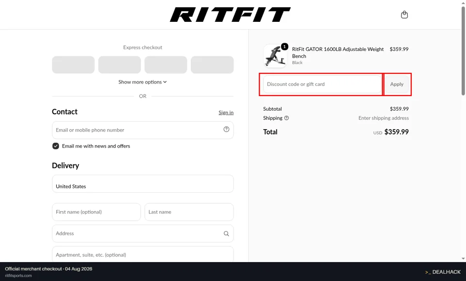 RitFit Sports checkout page showing the Discount code or gift card field and Apply button
