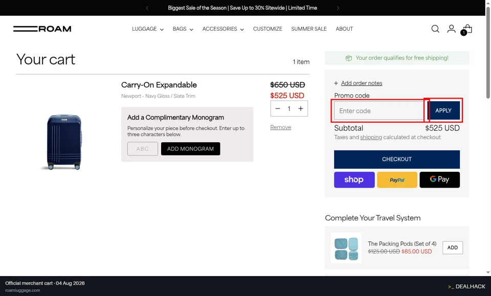 ROAM Luggage checkout page showing the Enter code field and Apply button