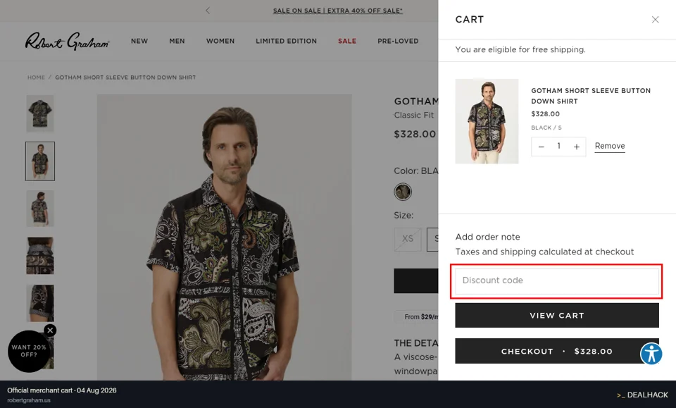 Robert Graham checkout page showing the Discount code field and Apply button