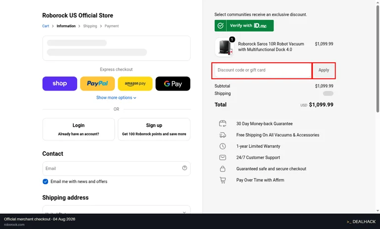 Roborock checkout page showing the Discount code or gift card field and Apply button