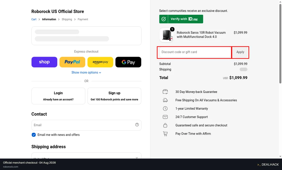 Roborock checkout page showing the Discount code or gift card field and Apply button