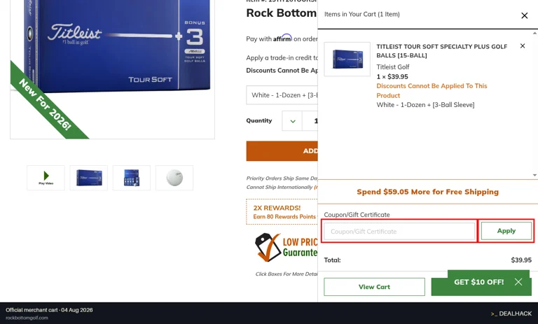 Rock Bottom Golf checkout page showing the Coupon/Gift Certificate field and Apply button