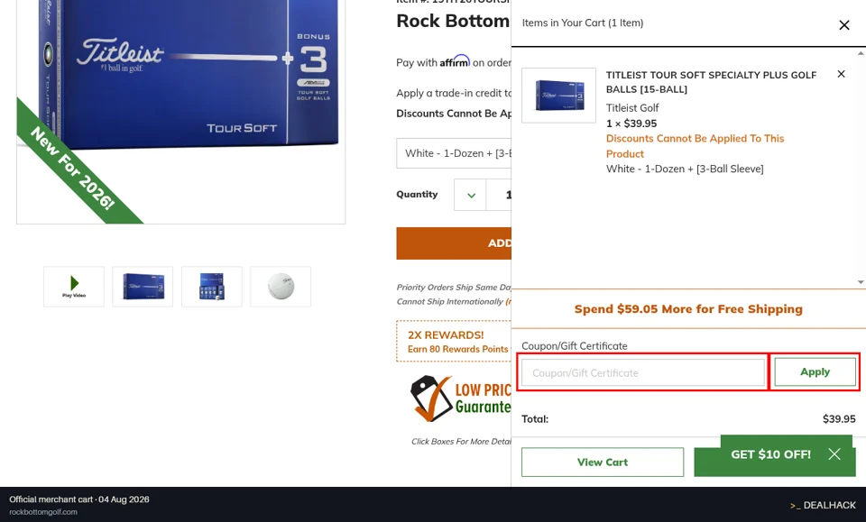 Rock Bottom Golf checkout page showing the Coupon/Gift Certificate field and Apply button