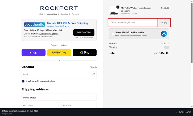 Rockport checkout page showing the Discount code or gift card field and Apply button