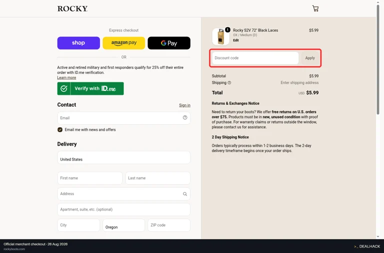 Rocky Boots checkout page showing the Discount code field and Apply button