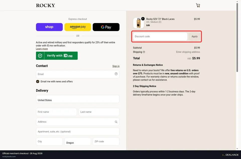 Rocky Boots checkout page showing the Discount code field and Apply button