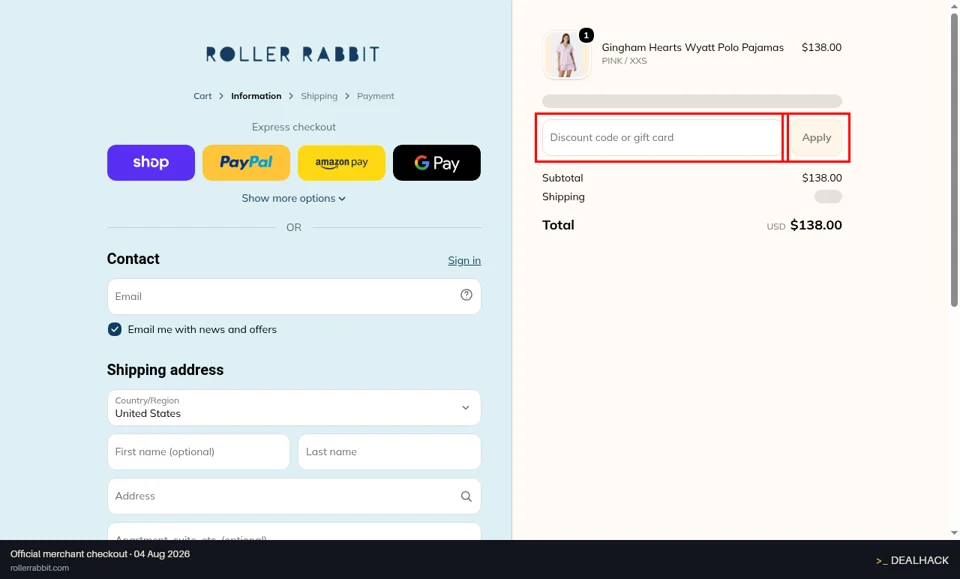 Roller Rabbit checkout page showing the Discount code or gift card field and Apply button