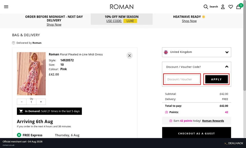 Roman checkout page showing the Discount / Voucher field and Apply button