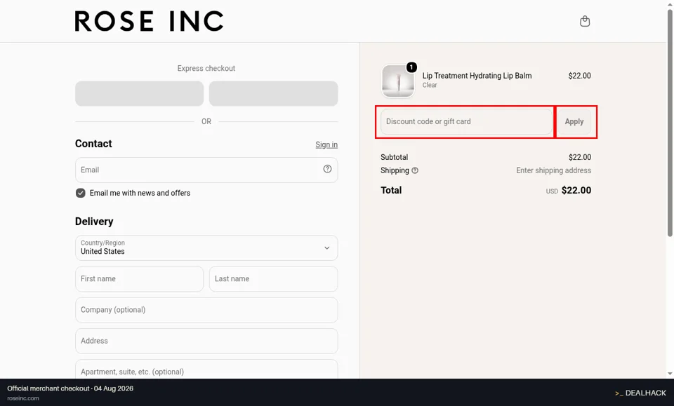 Rose Inc checkout page showing the Discount code or gift card field and Apply button