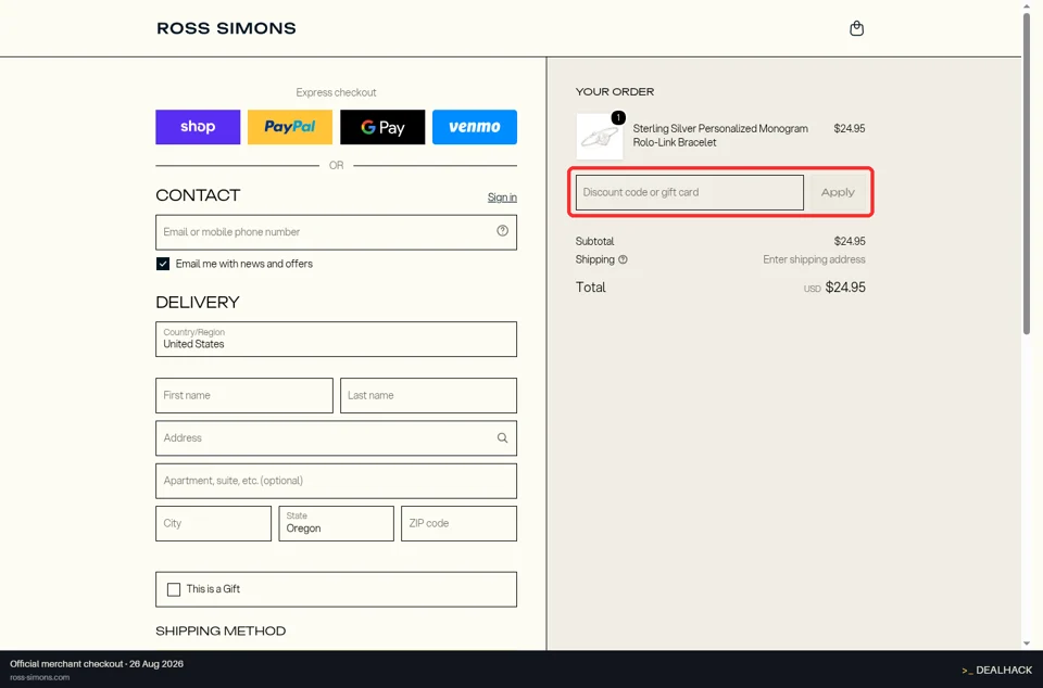 Ross-Simons checkout page showing the Discount code or gift card field and Apply button