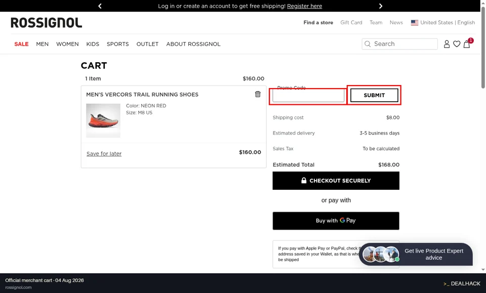 Rossignol checkout page showing the Promo Code field and SUBMIT button