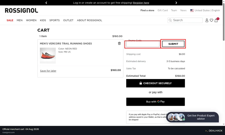 Rossignol checkout page showing the Promo Code field and SUBMIT button