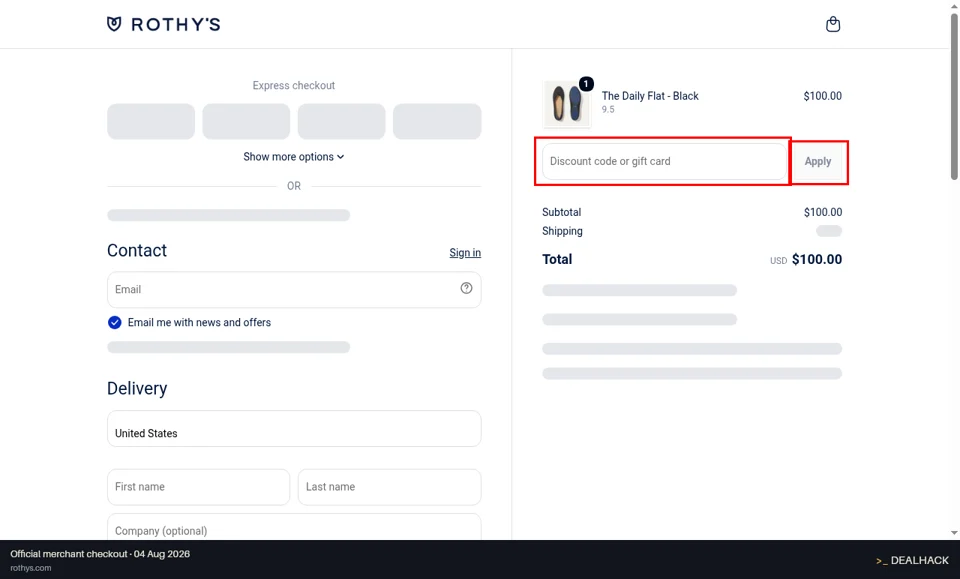 Rothy's checkout page showing the Discount code or gift card field and Apply button