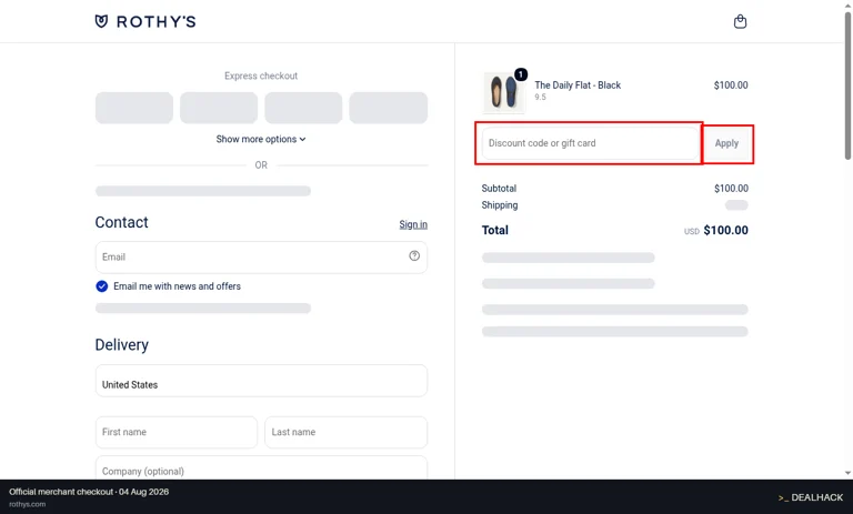 Rothy's checkout page showing the Discount code or gift card field and Apply button