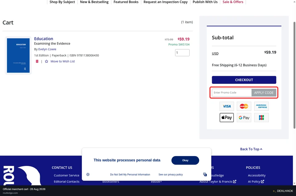 Routledge checkout page showing the Enter Promo Code field and Apply Code button