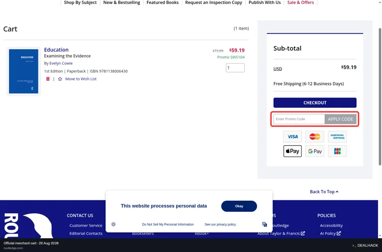 Routledge checkout page showing the Enter Promo Code field and Apply Code button
