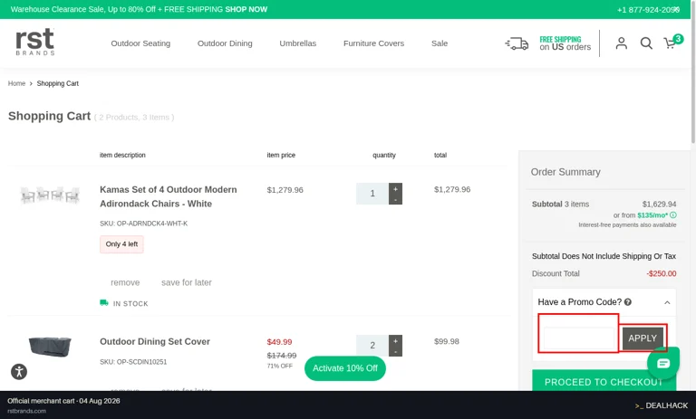 RST Brands checkout page showing the promo code field and Apply button