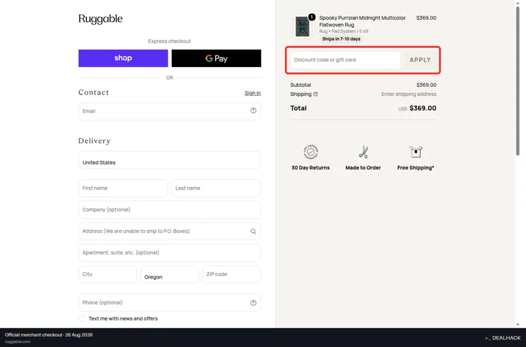 Ruggable checkout page showing the Discount code or gift card field and Apply button