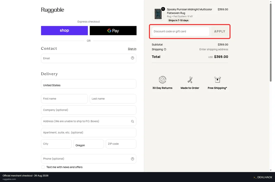 Ruggable checkout page showing the Discount code or gift card field and Apply button