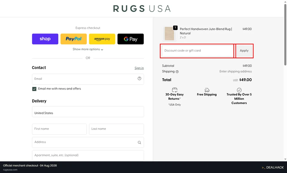 Rugs USA checkout page showing the Discount code or gift card field and Apply button