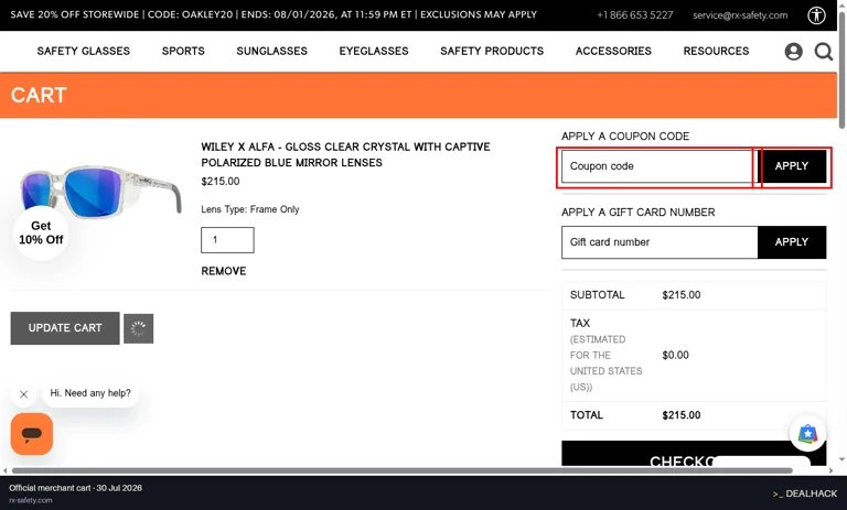 RX Safety checkout page showing the Coupon code field and APPLY button