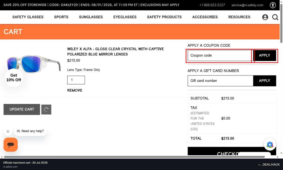RX Safety checkout page showing the Coupon code field and APPLY button