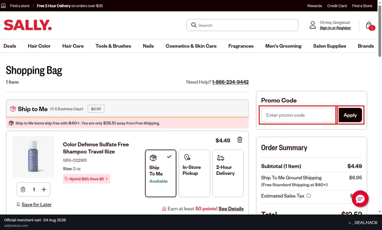 Sally Beauty checkout page showing the Enter promo code field and Apply button