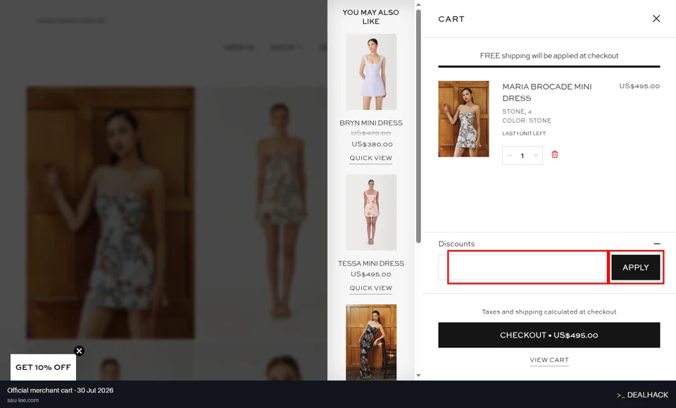 SAU LEE checkout page showing the Discount code field and Apply button