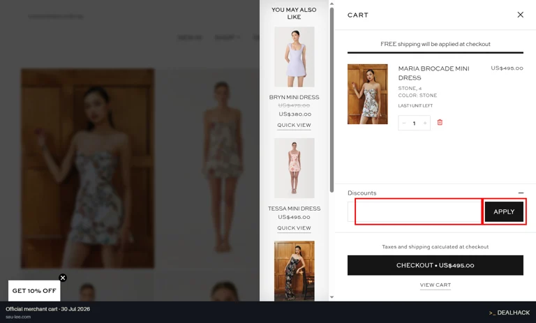 SAU LEE checkout page showing the Discount code field and Apply button
