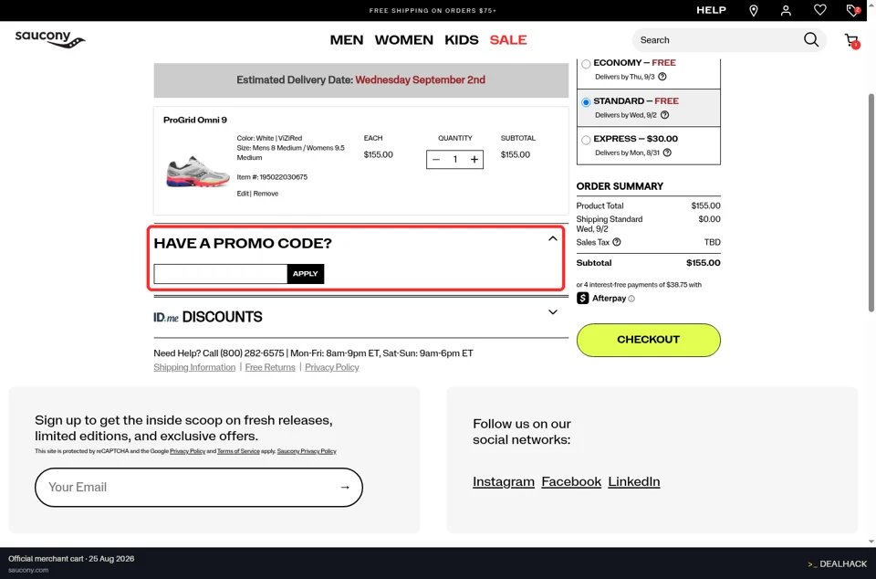Saucony checkout page showing the Promo Code field and Apply button