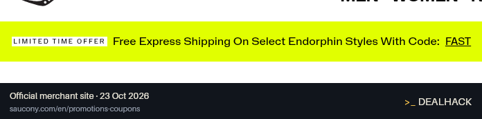 Screenshot of Saucony's website on Oct 23, 2026 showing the "Get Free Express Shipping on Select Endorphin Styles" offer