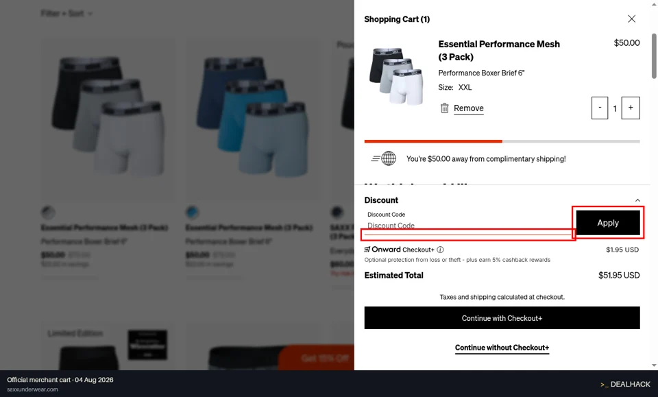 SAXX Underwear checkout page showing the Discount Code field and Apply button