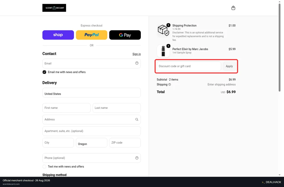 Scent Decant checkout page showing the Discount code or gift card field and Apply button
